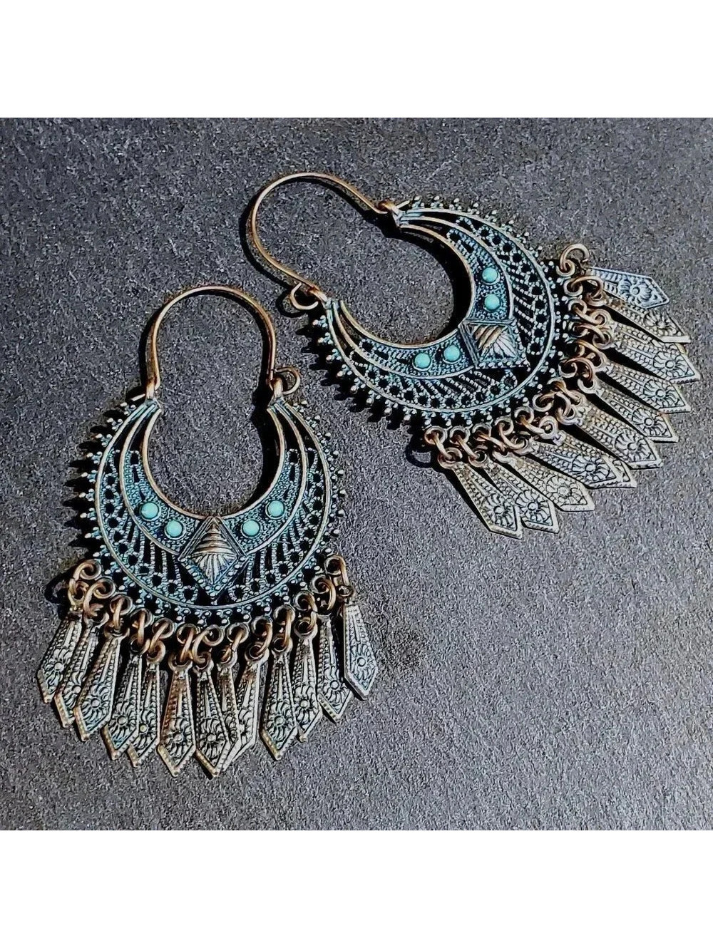 Antique Copper Verdigris Blue Green Patina Edgy Geometric Dangles Earrings
